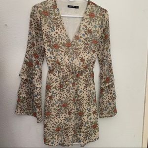 Nasty Gal Long Sleeved Beige Floral Boho Dress